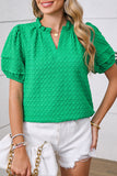 Bright Green Textured Puff Sleeve Frilled & Notched V-Neck Blouse