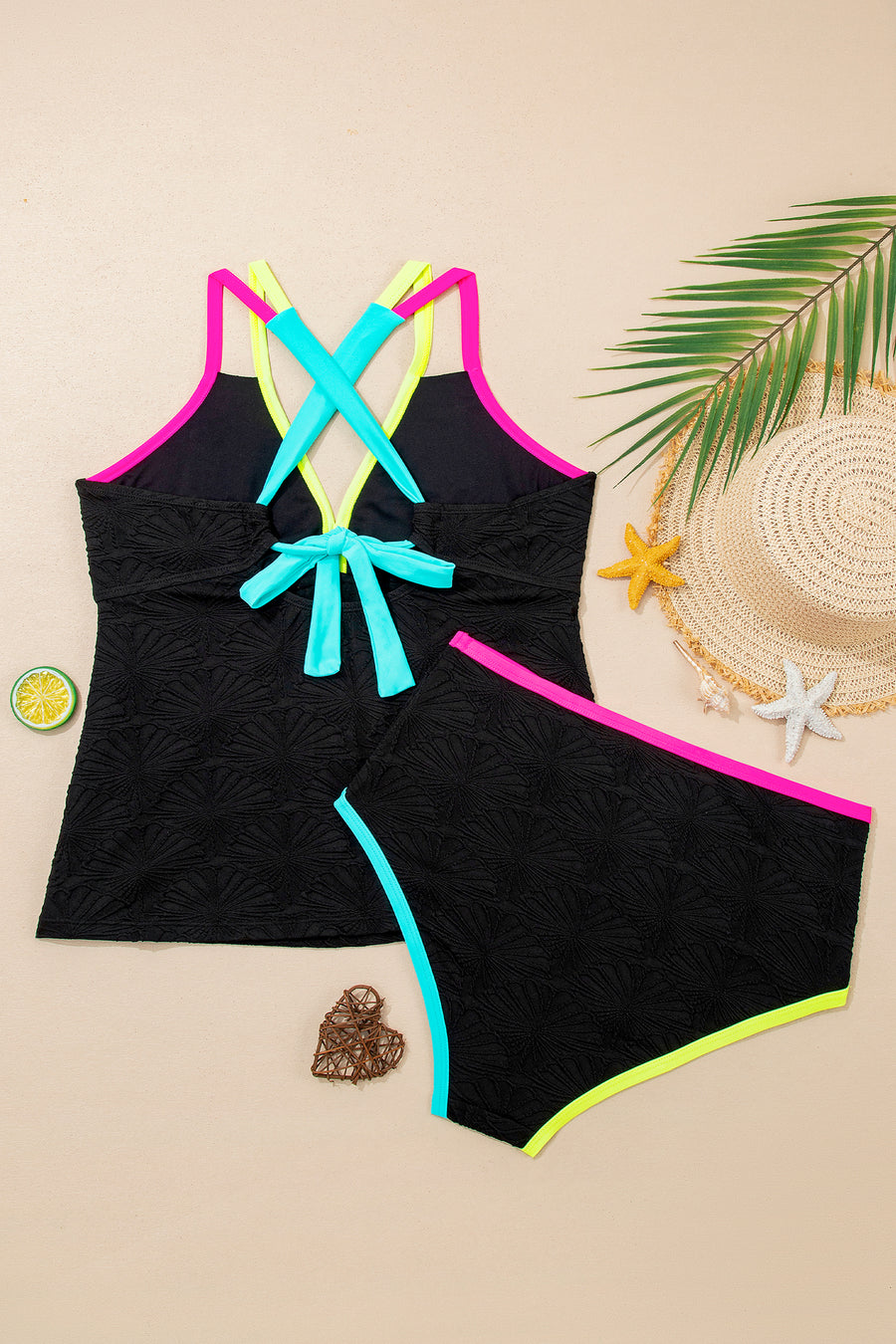 Black Floral Textured Neon Trim V-Neck Criss-Cross Tankini
