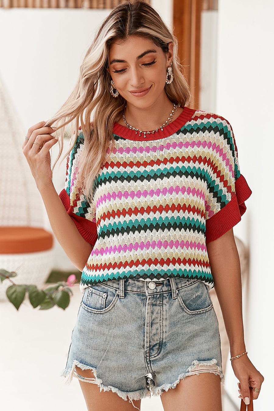 Red Multi Striped Diamond Pattern Short Sleeve Knit Sweater