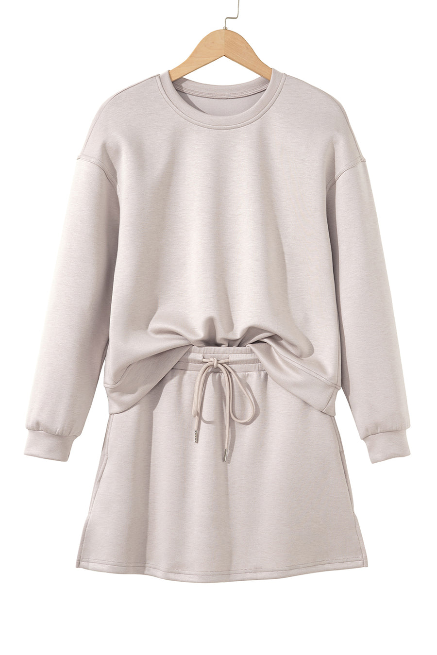 Solid Color Drop Shoulder Sweatshirt & Drawstring Mini Skirt Set- 2 Colors