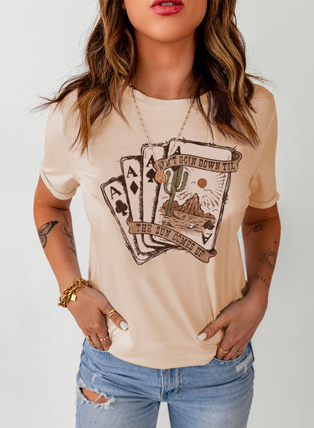 Khaki Western Poker Card Graphic T Shirt