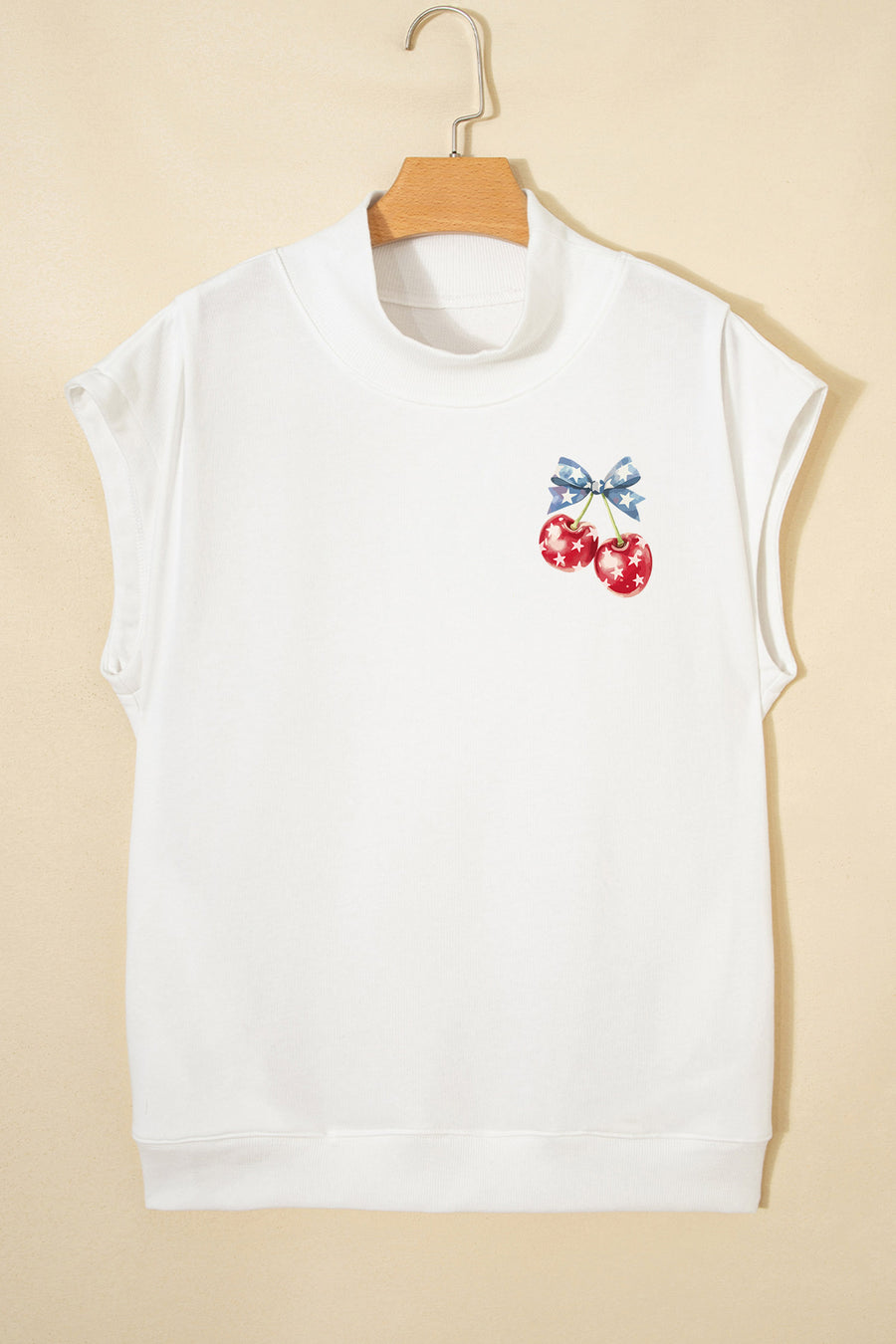 White Mock Neck Short Sleeve American Print Cherries Graphic T-Shirt