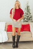 Red Pearl Embellished Double Ruffle Short Sleeve Sweater