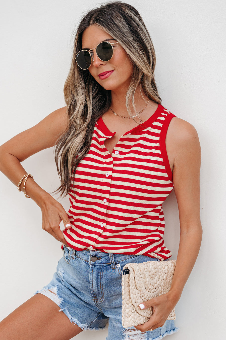Red Striped Button-Up Ribbed Knit Tank Top