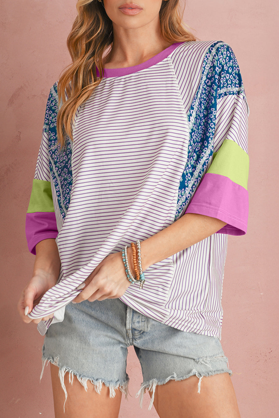 Purple Stripe Floral Color Block Patchwork Stitching Edge T-Shirt