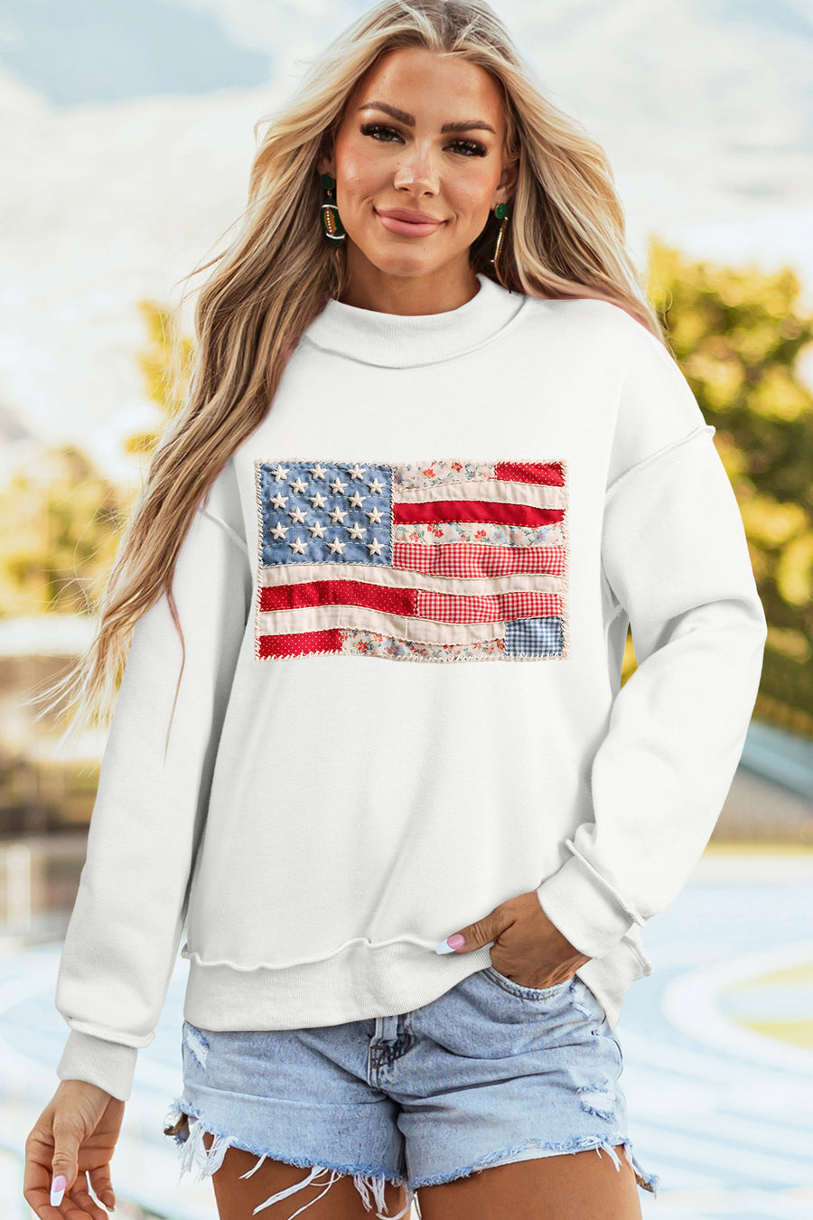 White Faux Patchwork Print USA and American Flag Reversible Sweatshirt