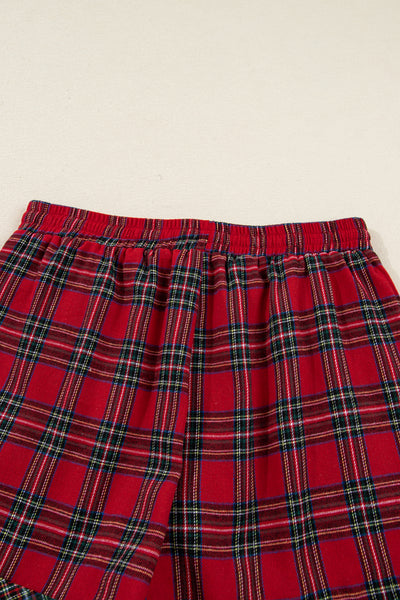 Red Plaid Contrast Color Christmas Holiday Long Sleeve Shirt and Shorts Pajama Set