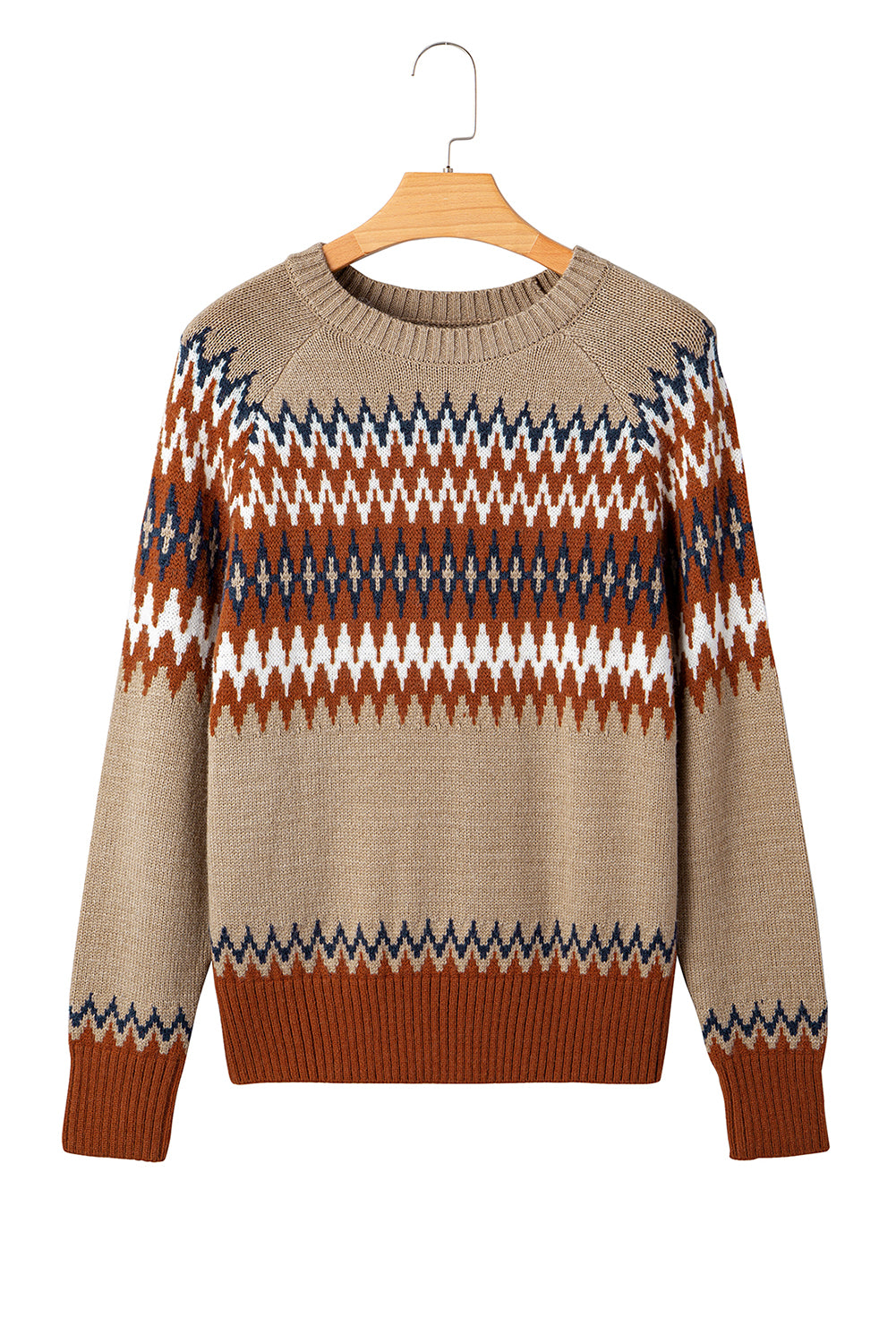 Khaki Geometric Print Colorblock Crew Neck Sweater