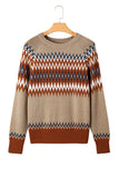 Khaki Geometric Print Colorblock Crew Neck Sweater