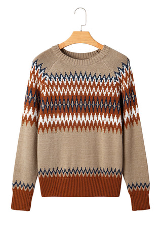 Khaki Geometric Print Colorblock Crew Neck Sweater