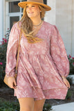Plus Size Peach Floral Surplice V-Neck Long Sleeve Tiered Ruffle Mini Dress