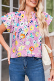 Pink Flutter Sleeve Frill V Neck Floral Top