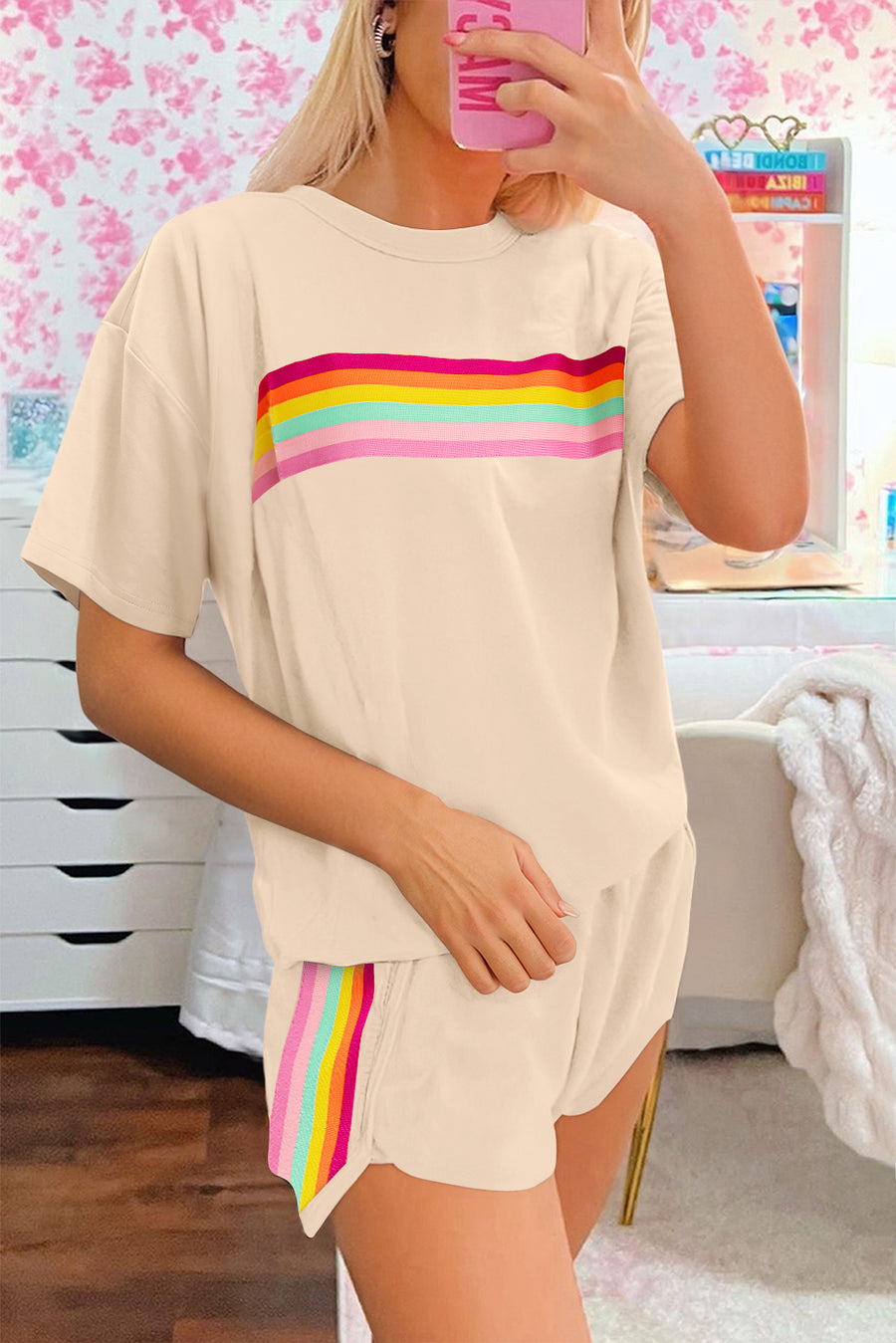 Beige Rainbow Striped T-Shirt and Short Set