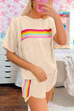 Beige Rainbow Striped T-Shirt and Short Set