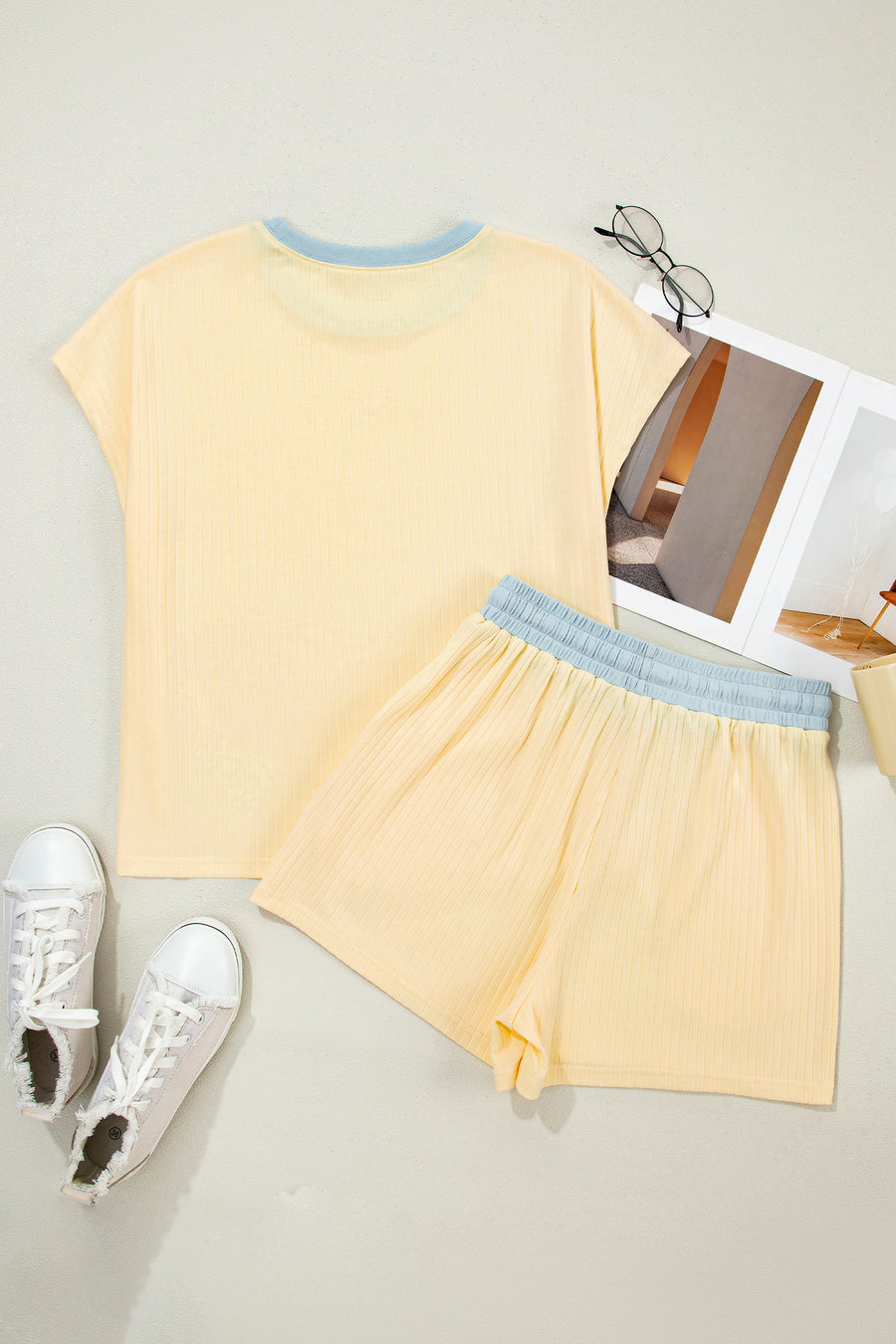 Yellow Cream Soft Ribbed Color Block Trim Casual Short Set