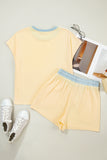 Yellow Cream Soft Ribbed Color Block Trim Casual Short Set