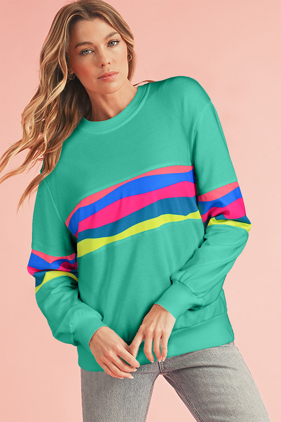 Green Multicolored Wavy Striped Crew Neck Long Sleeve Top- 2 Colors