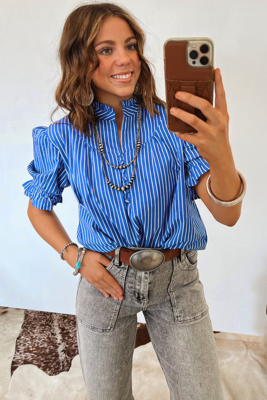 Striped Frill Neck Ruffled Short Puff Sleeve Button-Up Blouse- 2 Colors