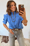 Striped Frill Neck Ruffled Short Puff Sleeve Button-Up Blouse- 2 Colors