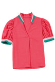 Puff Sleeve Color Block Frill V-Neck Blouse