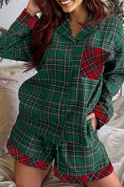 Red Plaid Contrast Color Christmas Holiday Long Sleeve Shirt and Shorts Pajama Set