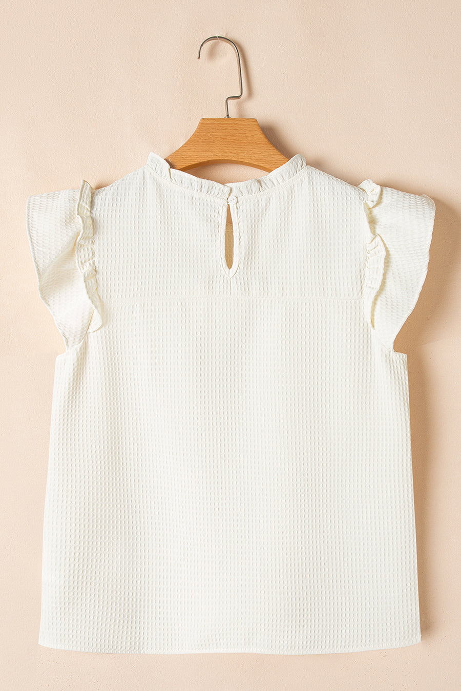 White Ruffle Trim Waffle Textured Short Sleeve Blouse