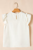 White Ruffle Trim Waffle Textured Short Sleeve Blouse