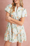 Orange Floral Print Smocked High Waist Puff Sleeve Mini Dress