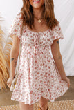 Pink Front Tie Shirred Waist Short Sleeve Ruffled Floral Mini Dress