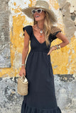 V-Neck Flutter Sleeve Smocked Bodice High Waist Ruffle Maxi Dress with Pockets- 2 Colors