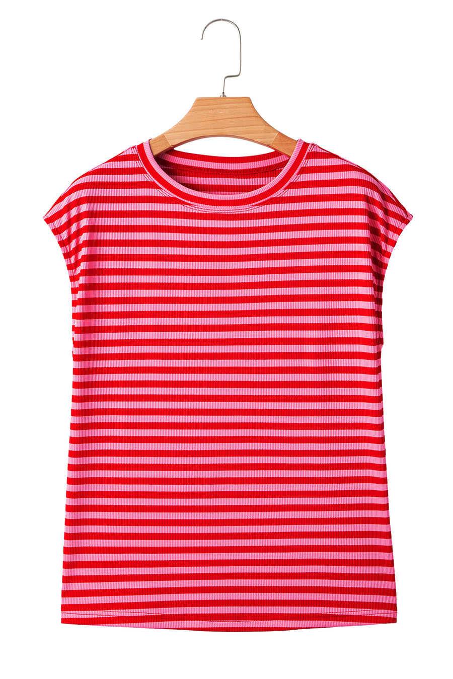 Striped Ribbed Cap Sleeve Crew Neck T-Shirt- 2 Colors