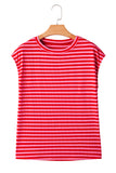 Striped Ribbed Cap Sleeve Crew Neck T-Shirt- 2 Colors