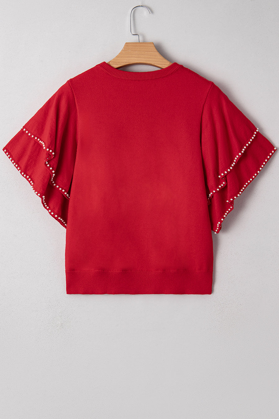 Red Pearl Embellished Double Ruffle Short Sleeve Sweater