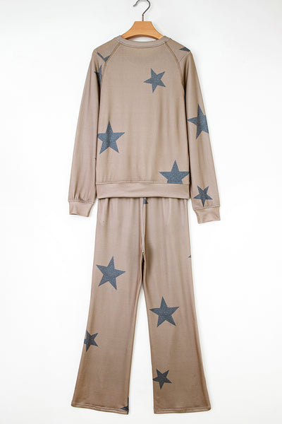 Khaki Retro Star Print Long Sleeve Pullover Drawstring Wide Leg Pajama Set