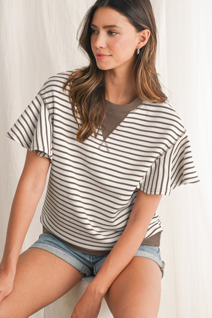 Striped Ruffle Sleeve Crew Neck T-Shirt- 3 Colors