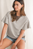 Striped Ruffle Sleeve Crew Neck T-Shirt- 3 Colors