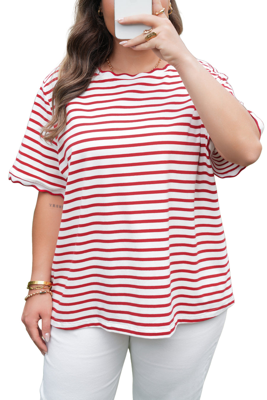 Plus Size Red Striped Scalloped Trim Crew Neck Short Sleeve T-Shirt