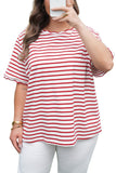 Plus Size Red Striped Scalloped Trim Crew Neck Short Sleeve T-Shirt