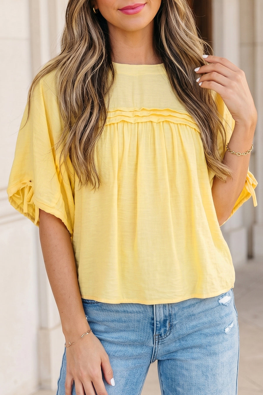 Meadow Mist Green Tie Half Sleeve Pleated Detail Babydoll Blouse