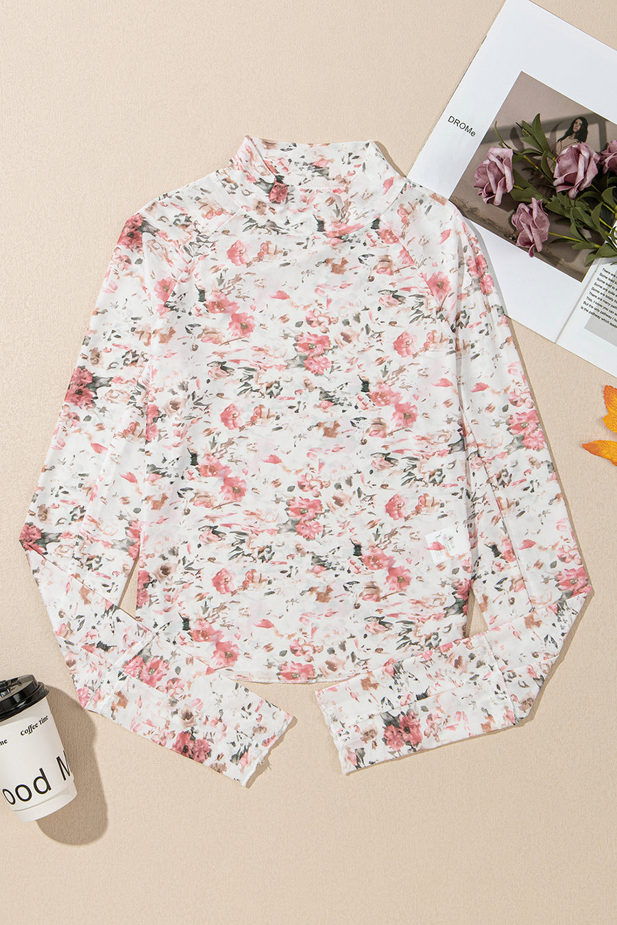 Floral Mock Neck Long Sleeve Mesh Blouse- 2 Colors