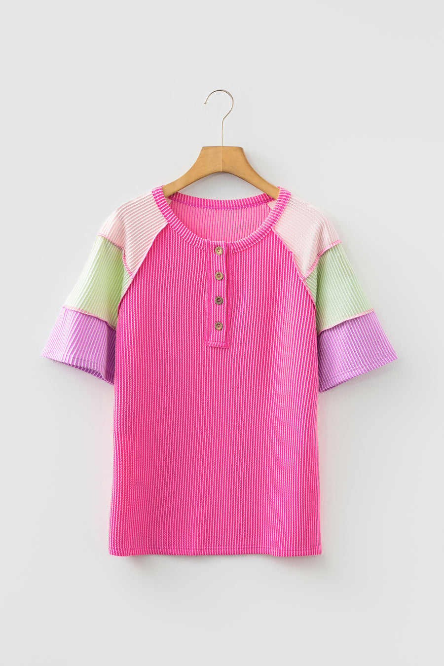 Twist Ribbed Color Block Patchwork Short Sleeve Henley T-Shirt- 2 Colors