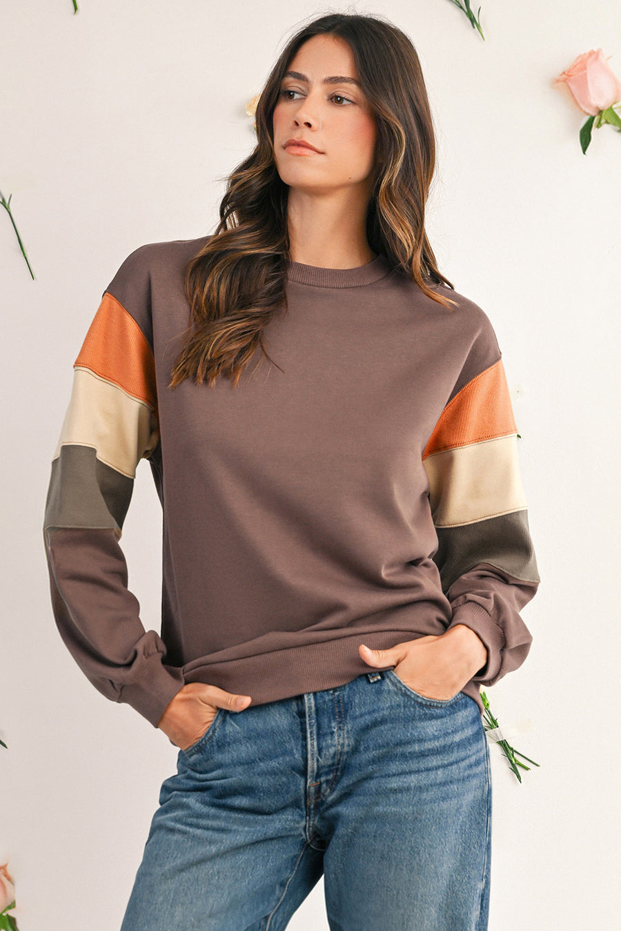 Dark Khaki Multi Colorblock Drop Shoulder Pullover Sweatshirt