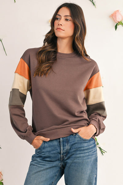 Dark Khaki Colorblock Drop Shoulder Pullover Casual Sweatshirt