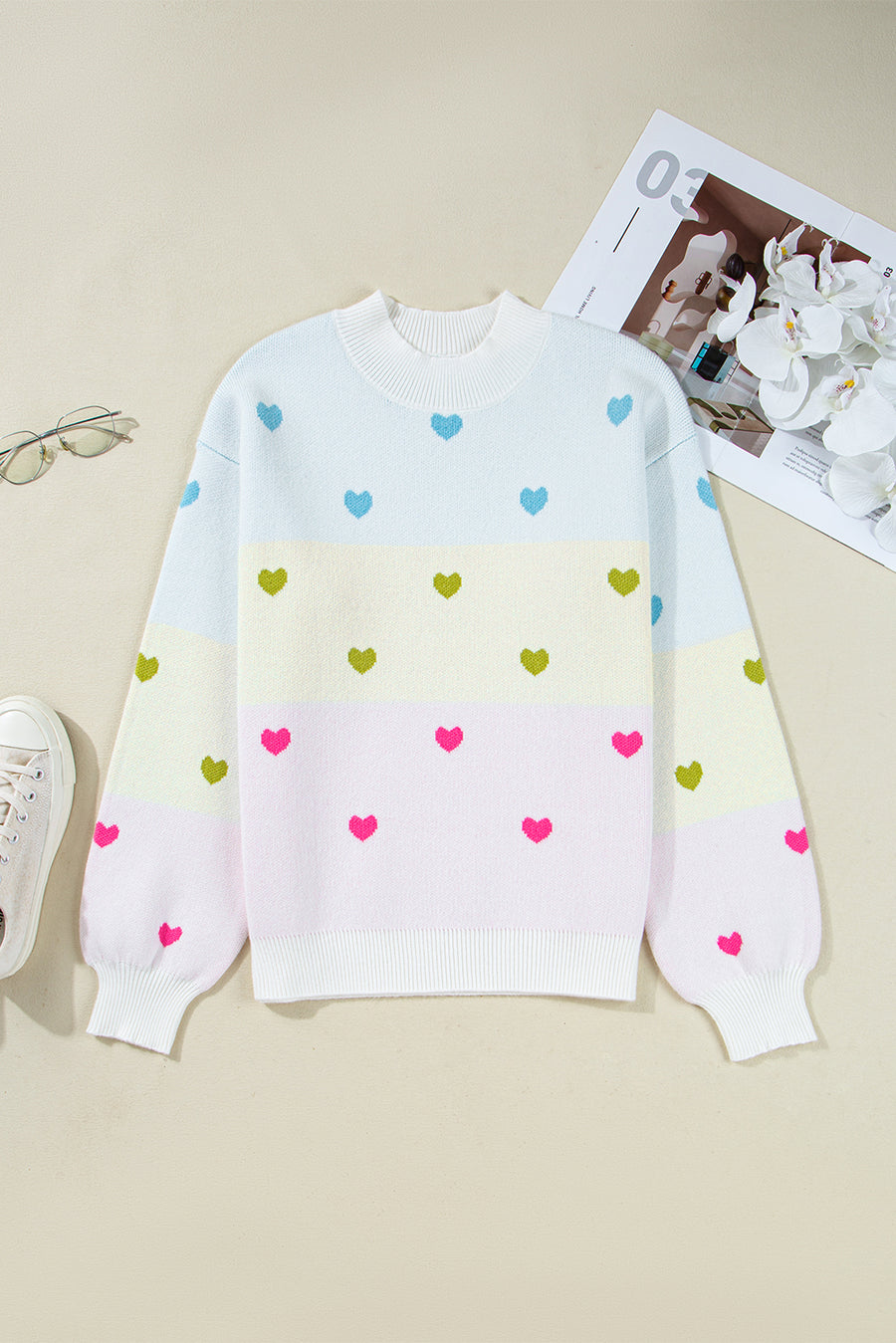 Multicolored Hearts Color Block High Neck Sweater