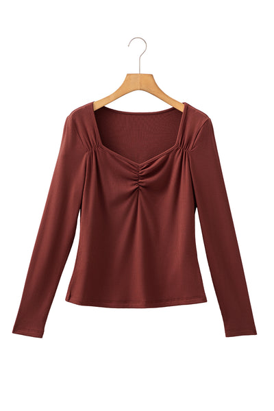 Burgundy Ruched Sweetheart Neck Ribbed Long Sleeve Top