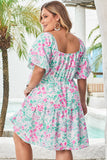 Plus Size White Floral Print Ricrac Trim Square Neck Mini Dress