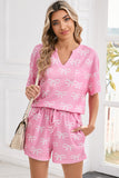 Pink Waffle Knit Bow Print Notched T-Shirt And Shorts Set