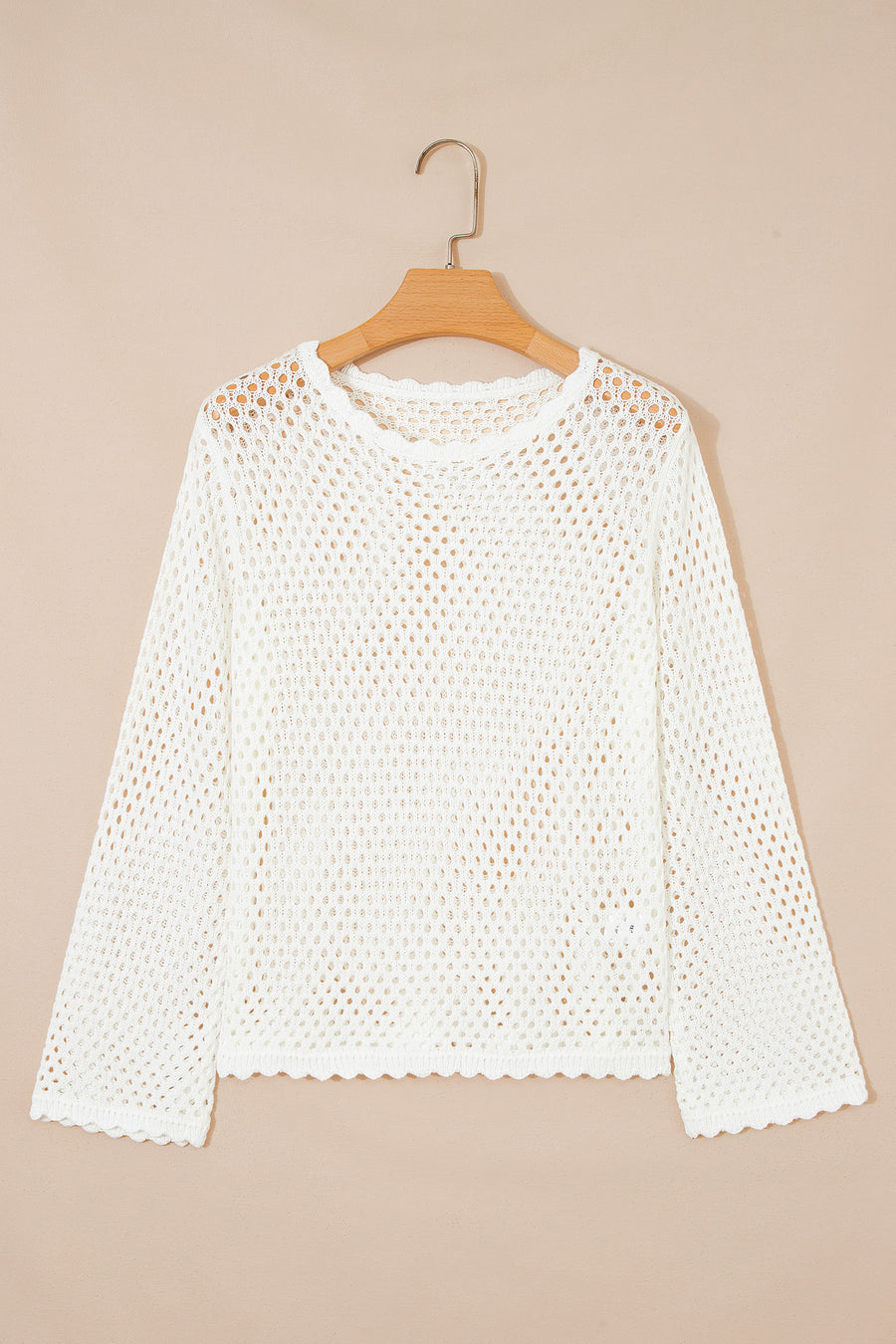 Yellow Cream Scalloped Trim Hollow Out Knit Long Sleeve Top