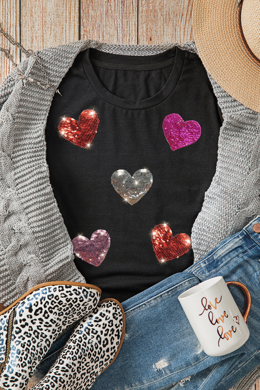 Black Sequin Hearts Pattern Crew Neck Graphic T-Shirt