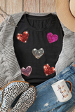 Black Sequin Hearts Pattern Crew Neck Graphic T-Shirt